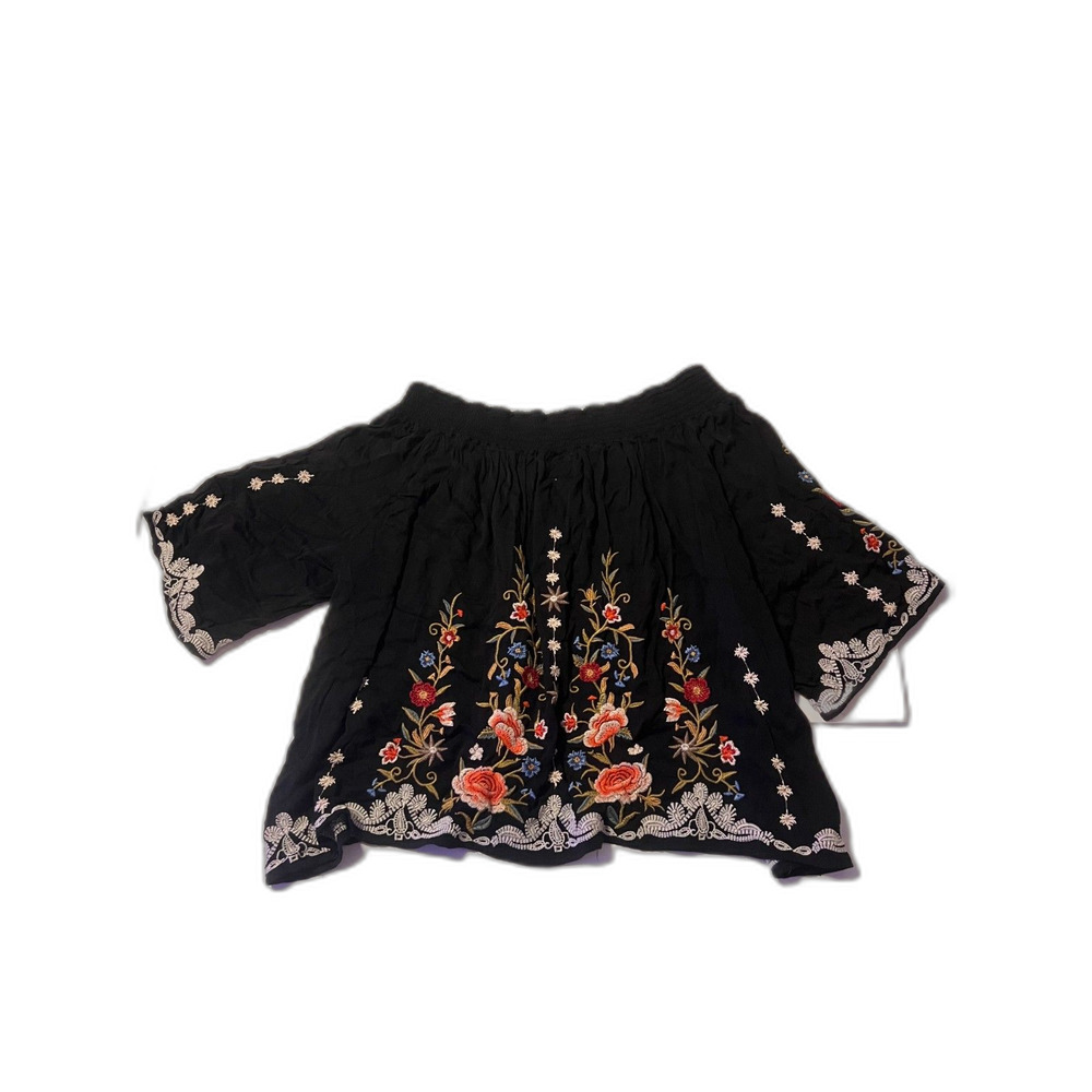 Johnny Was Workshop Black Floral Embroidered Off Shoulder Top Size L